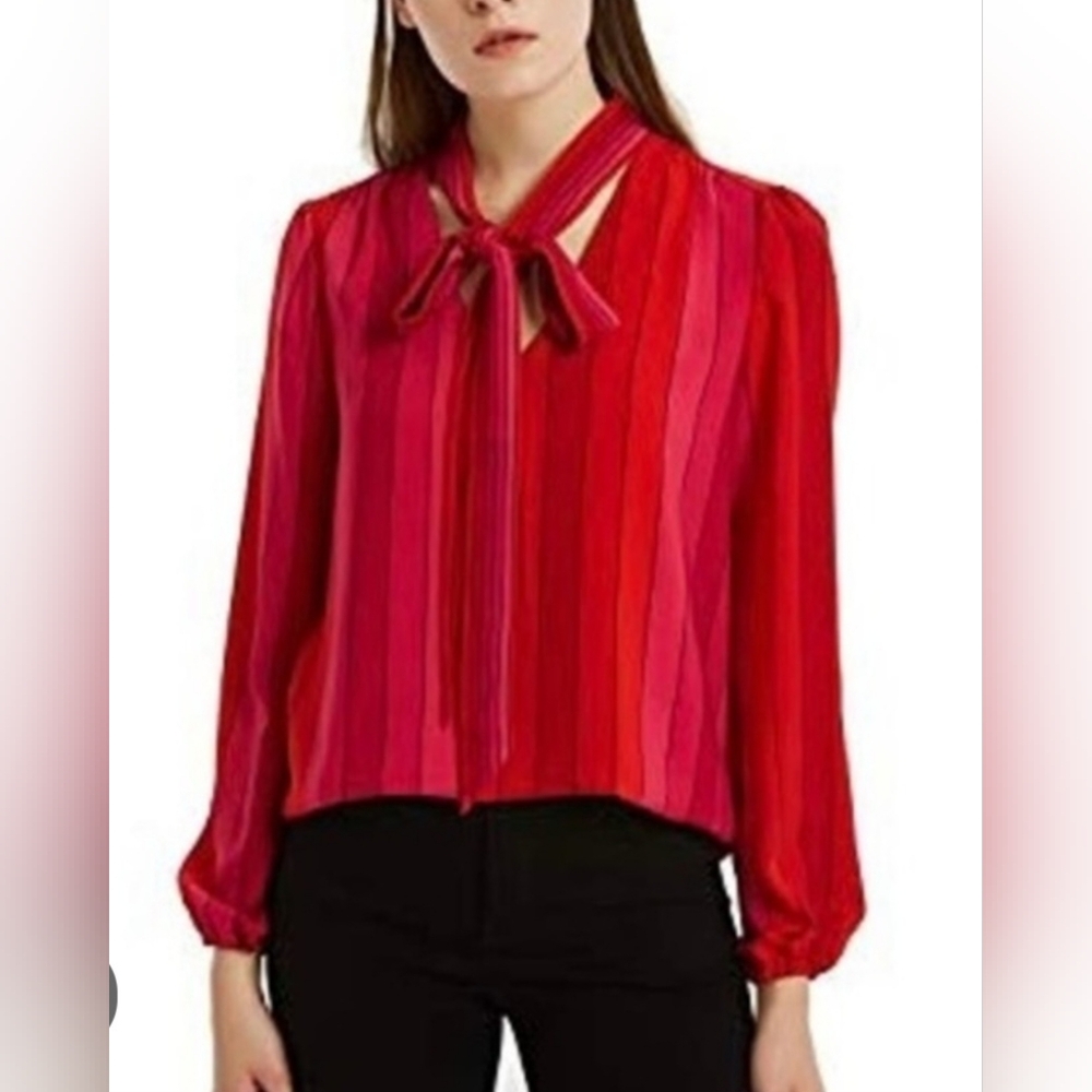 Red and Orange Tie Front Blouse with Flutter Sleeves